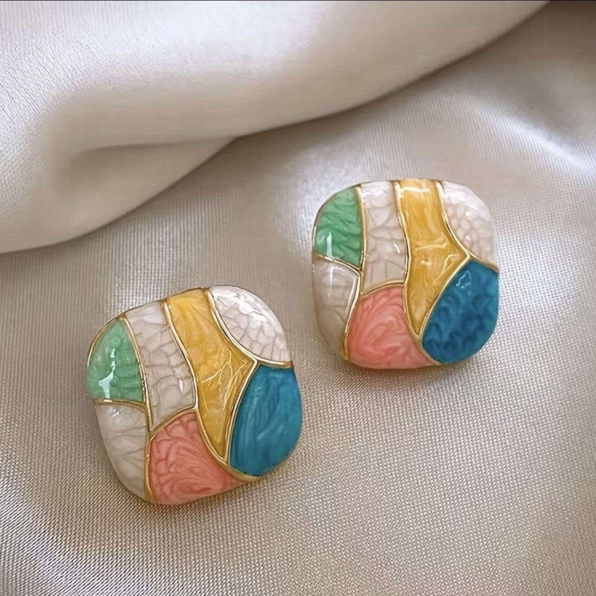 NEW Anthropologie Multicolor Enamel Boho Square Stud Abstract Earrings Jewelry