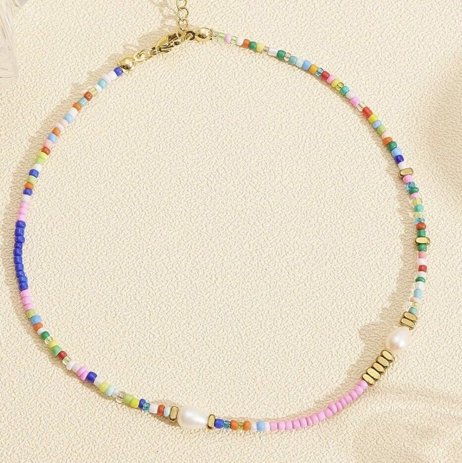 NEW Free People Boho Colorful Beaded Pearl Gold Plated Choker Necklace Jewelry 