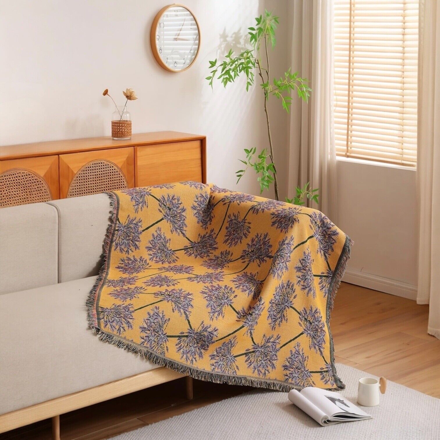 NEW Anthropologie Boho Yellow Floral  Tassel Throw Blanket Bedspread - 50" x 70"