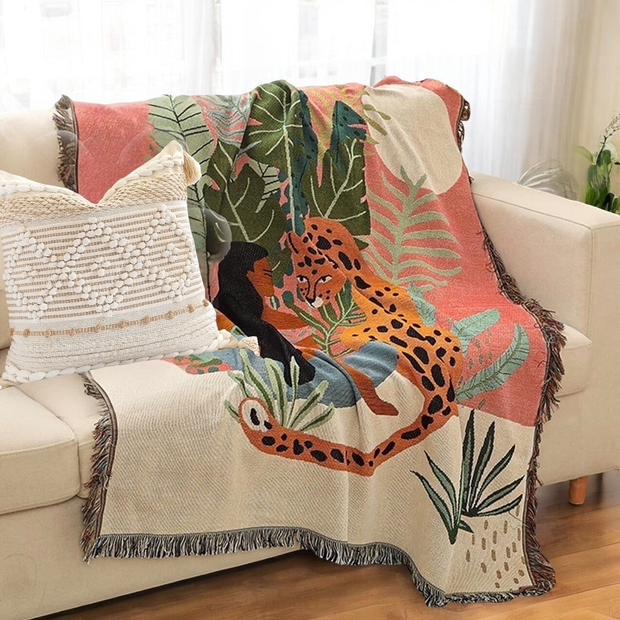 New Anthropologie Boho Jungle Tassel Throw Blanket Bedspread Quilt - 63" x 51"