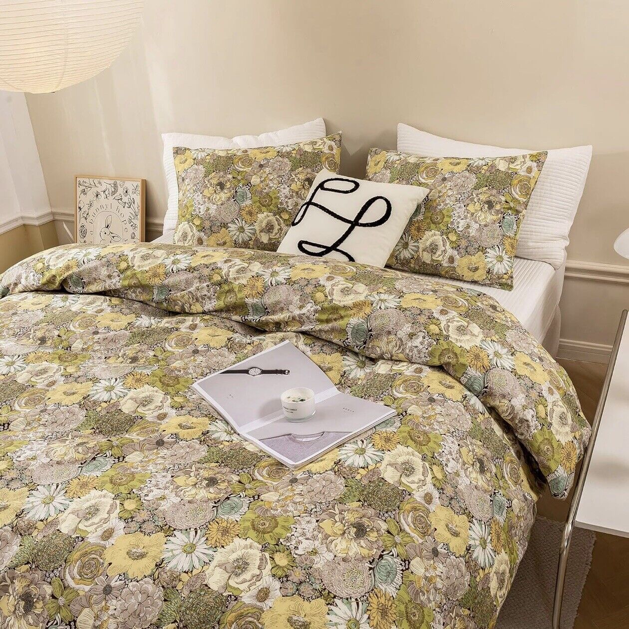 NEW Anthropologie Green Yellow Floral Cotton Boho Queen Bedding Duvet & Sham Set