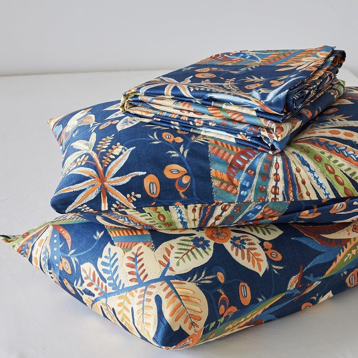 NEW Anthropologie Blue Floral Egyptian Cotton Boho King Bedding Duvet Sham Set