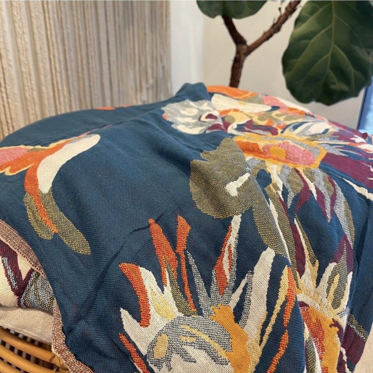 NEW XL Anthropologie Boho Bird Orange Throw Blanket Bedspread Quilt - 80" x 90"