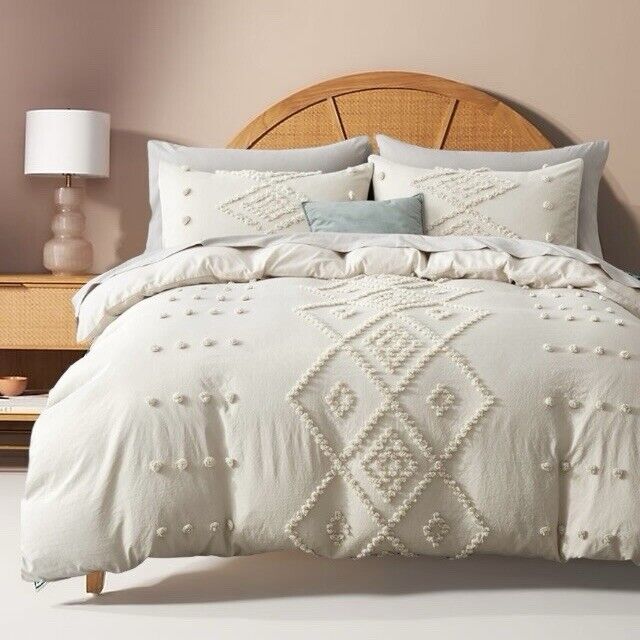 NEW Anthropologie Cream Boho Queen Size Tassel Bedspread Duvet Blanket Sham Set