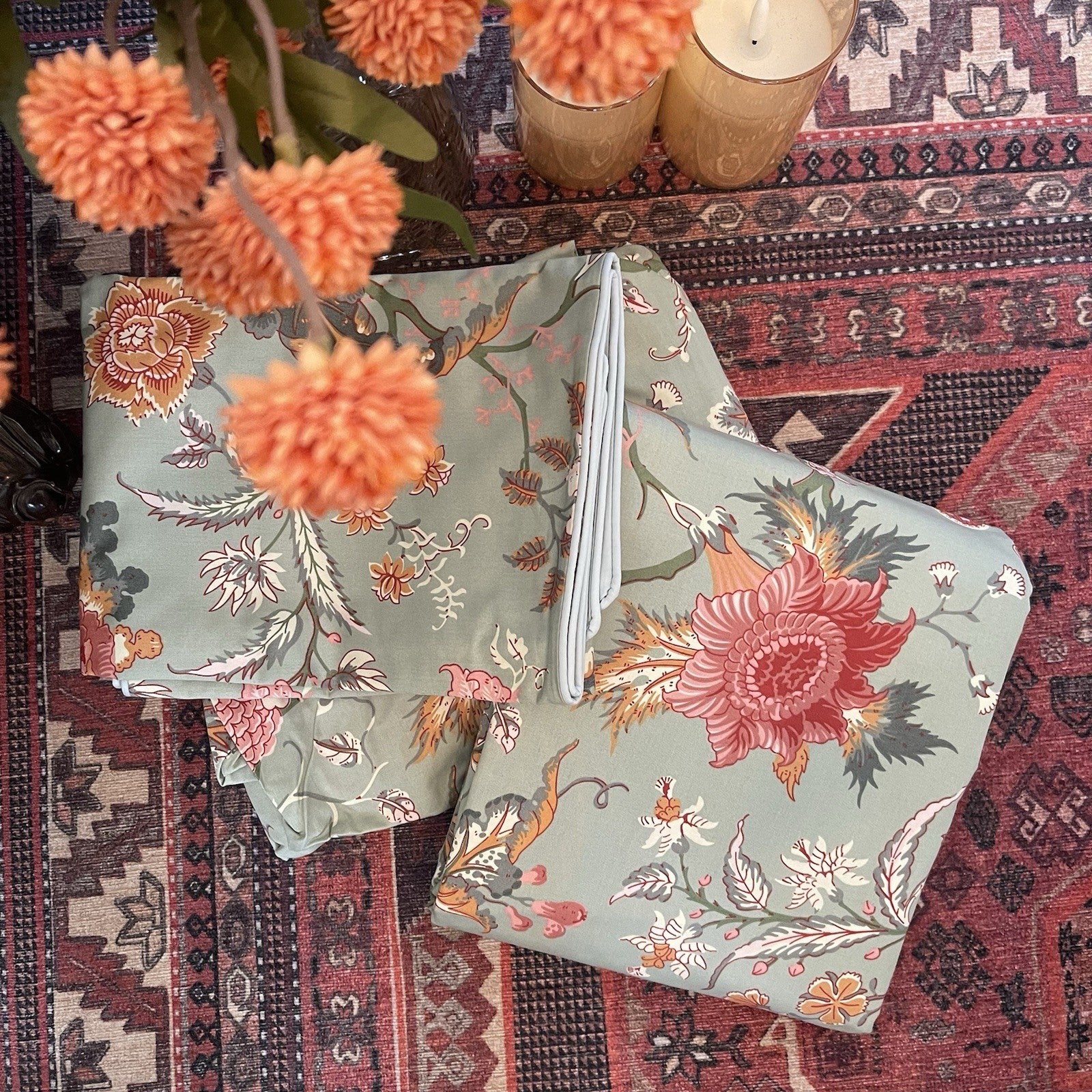 NEW Anthropologie Green Floral King Size Boho Duvet Bedding Sham Case Set