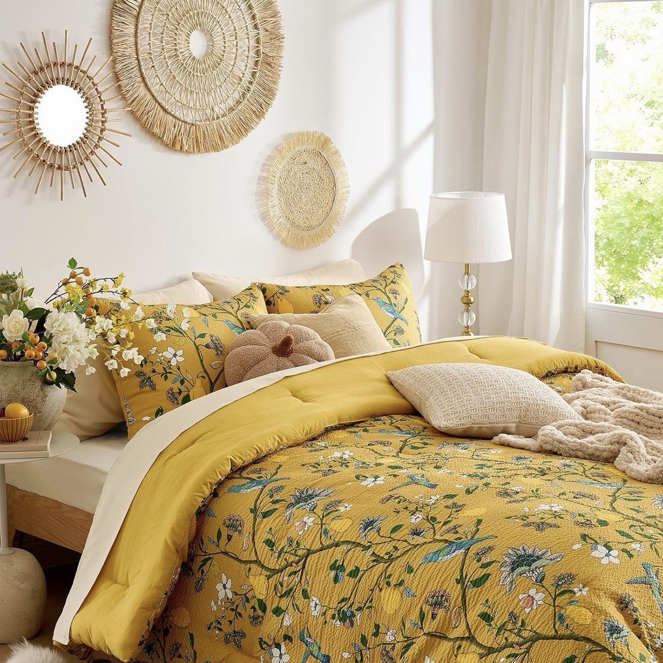 NEW Anthro Yellow Seersucker Floral Queen King Boho Comforter Bedding Sham Set
