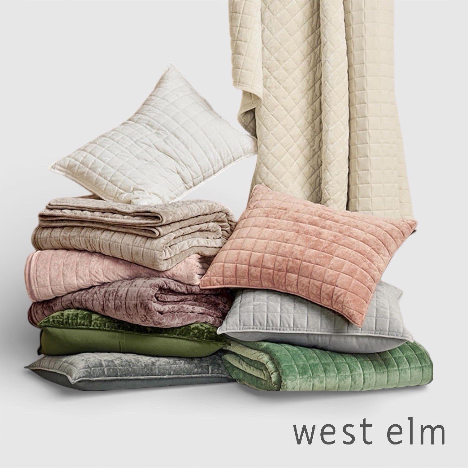 NEW West Elm Green Velvet Luxury Queen / King Size Bedding Comforter & Sham Set