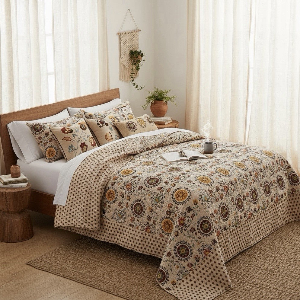 NEW Anthropologie Multicolor Retro Boho Queen Quilt Bedspread Bedding Sham Set