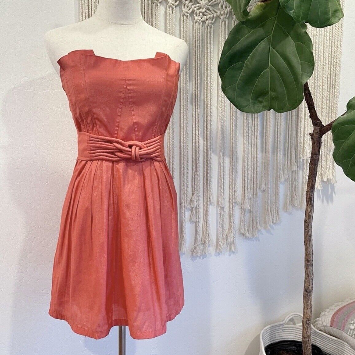 Anthropologie Coral Stretch Pleated Sundress Strapless Mini Dress - Size Small