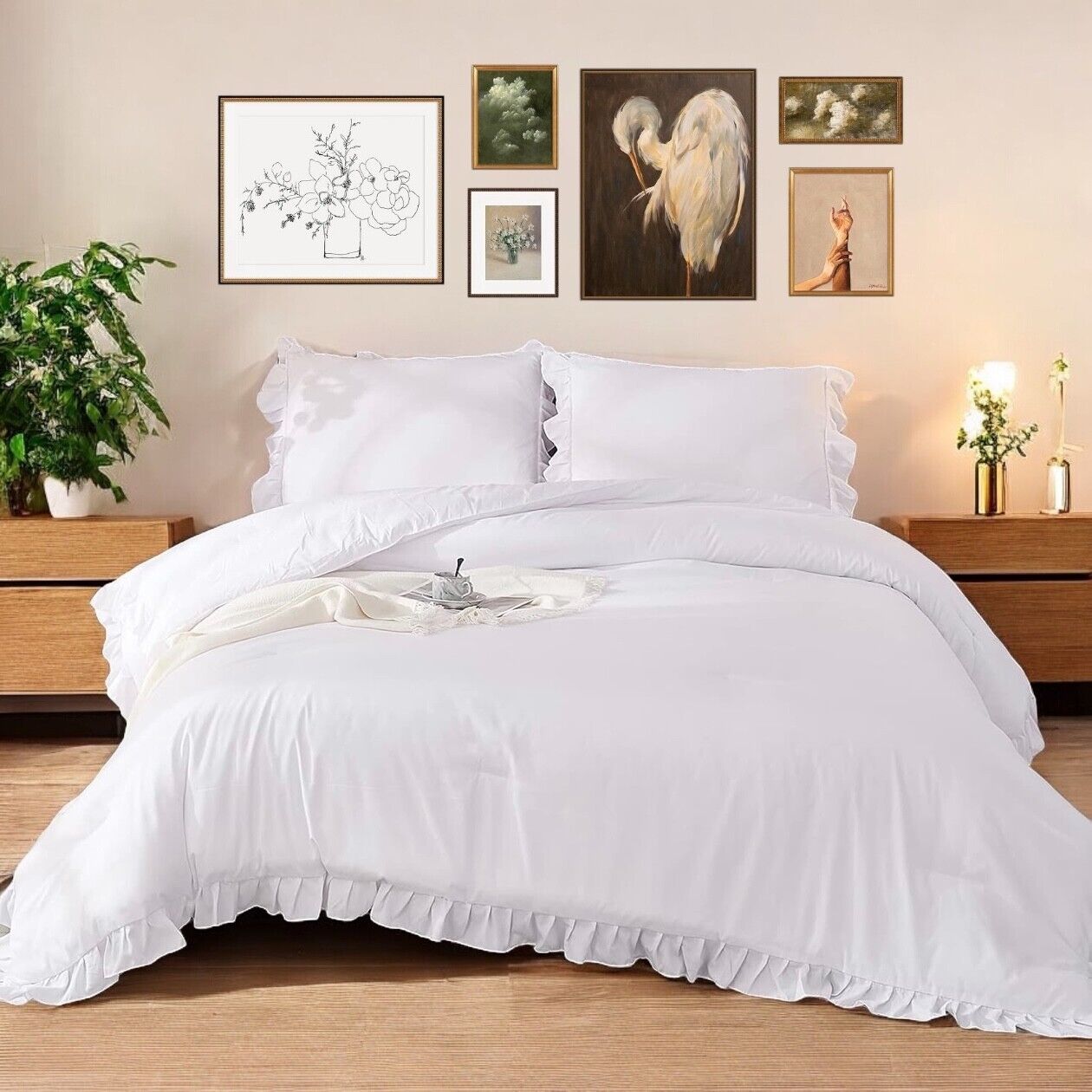 NEW West Elm White Ruffle Solid Down Altern. Comforter & Pillow Sham Bedding Set