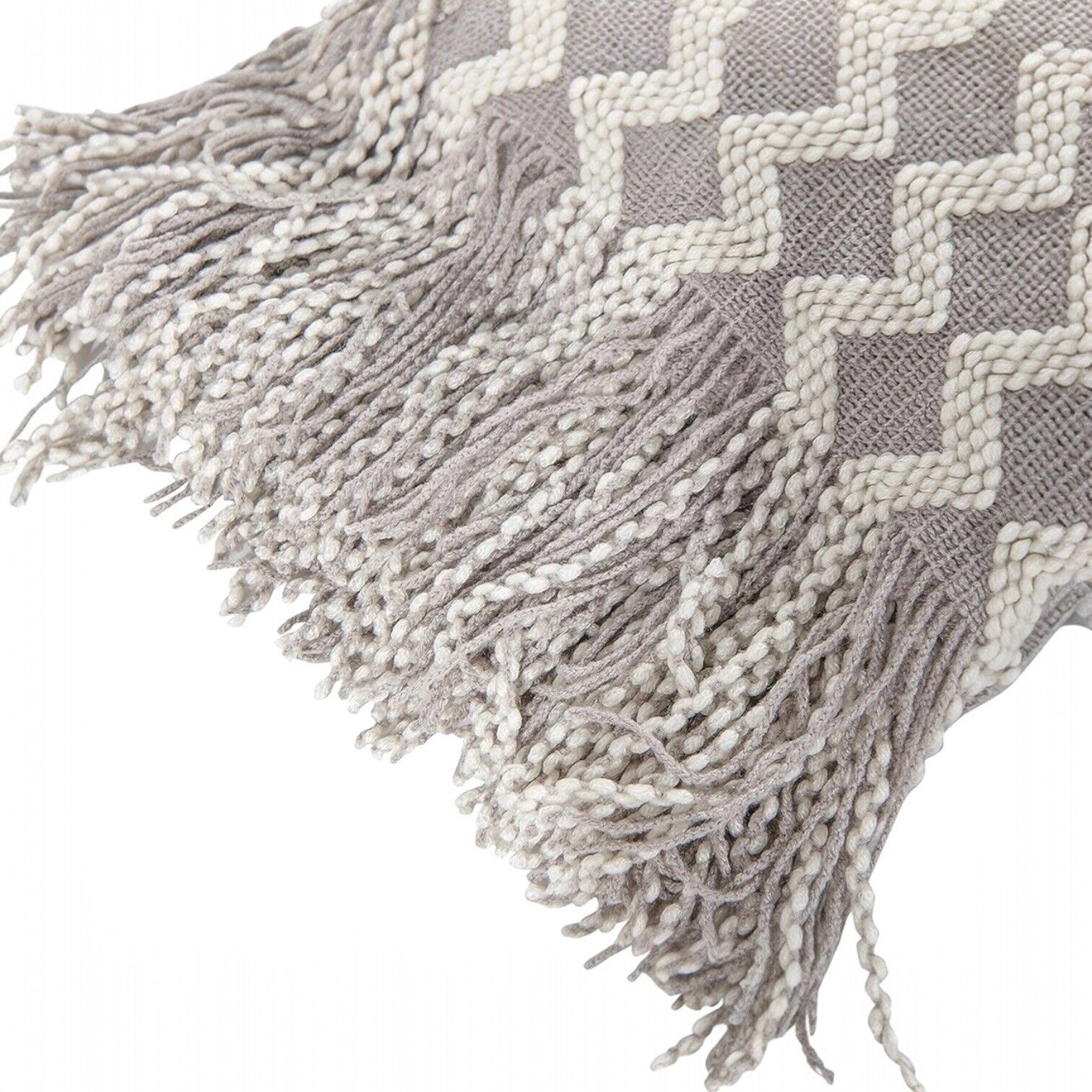 NEW Anthropologie Grey & White Boho Tassel Chunky Knit Throw Blanket - 50" x 68"