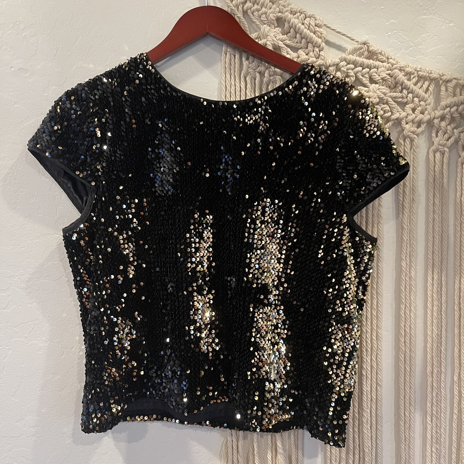 Milly Designer Black & Gold Sequin Glitter Sparkle Crop Tee Shirt Top - Large