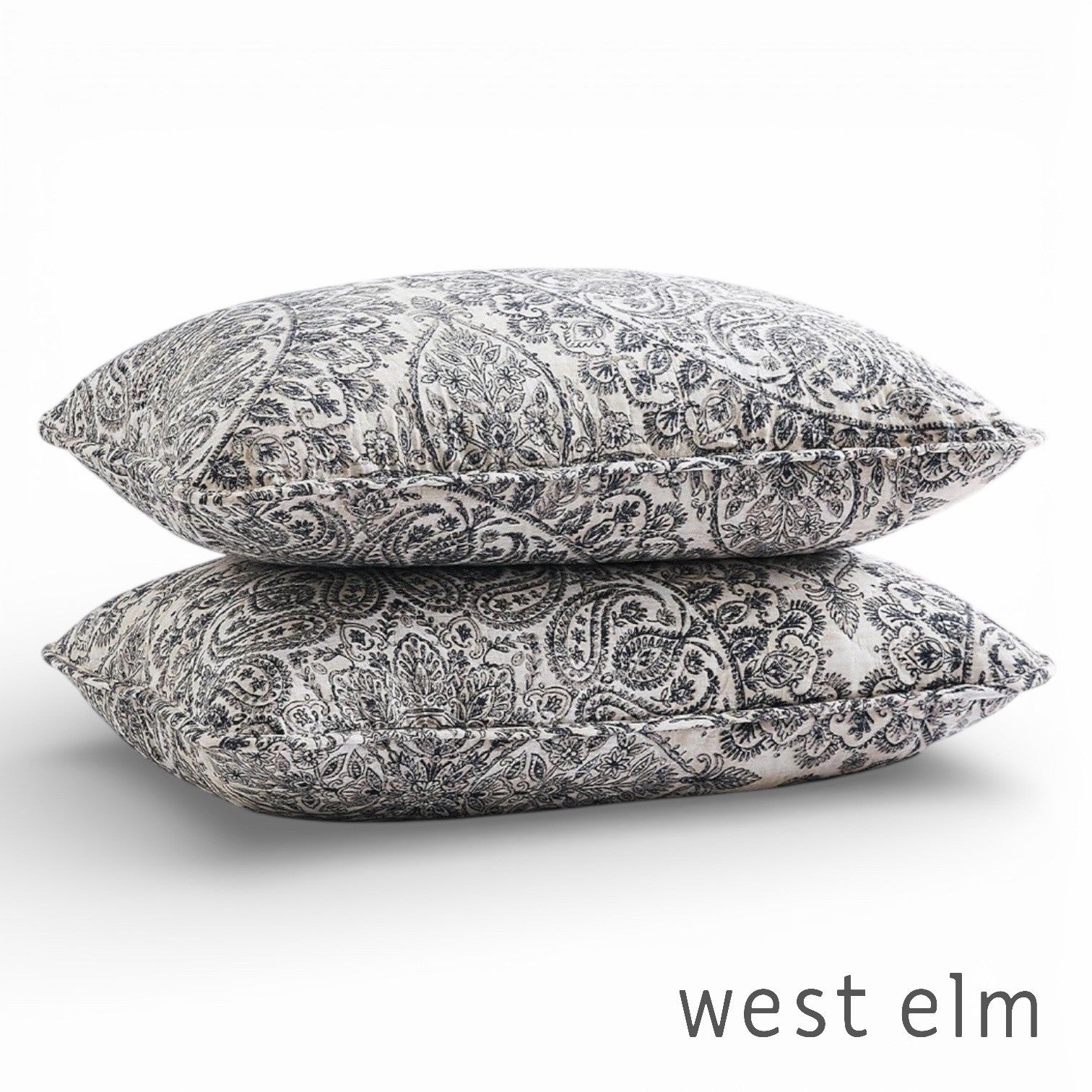 NEW West Elm Black & White Full / Queen Paisley Bedspread Quilt & Sham Case Set