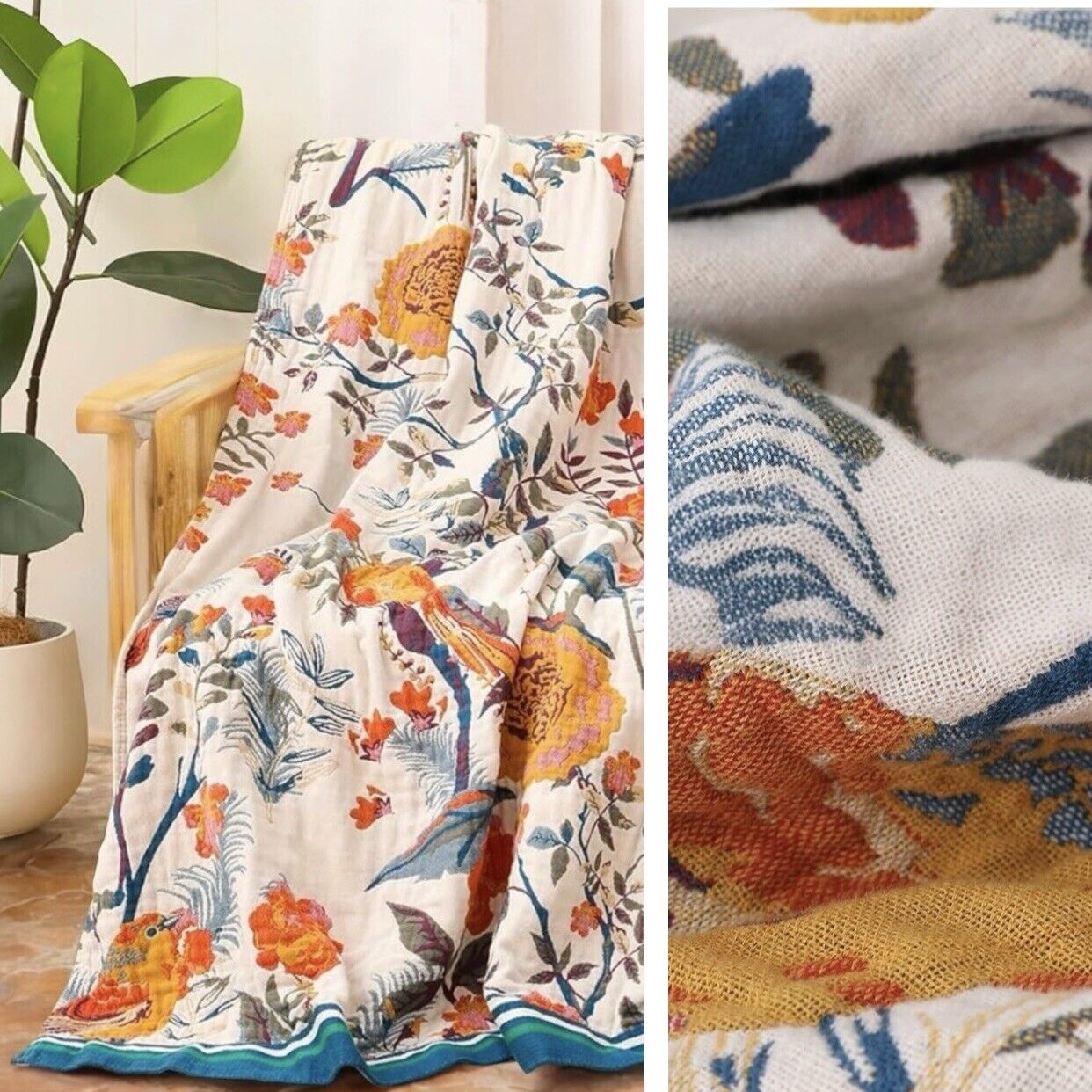 NEW XL Anthropologie Boho Queen Floral Throw Blanket Bedspread Quilt - 80" x 90"