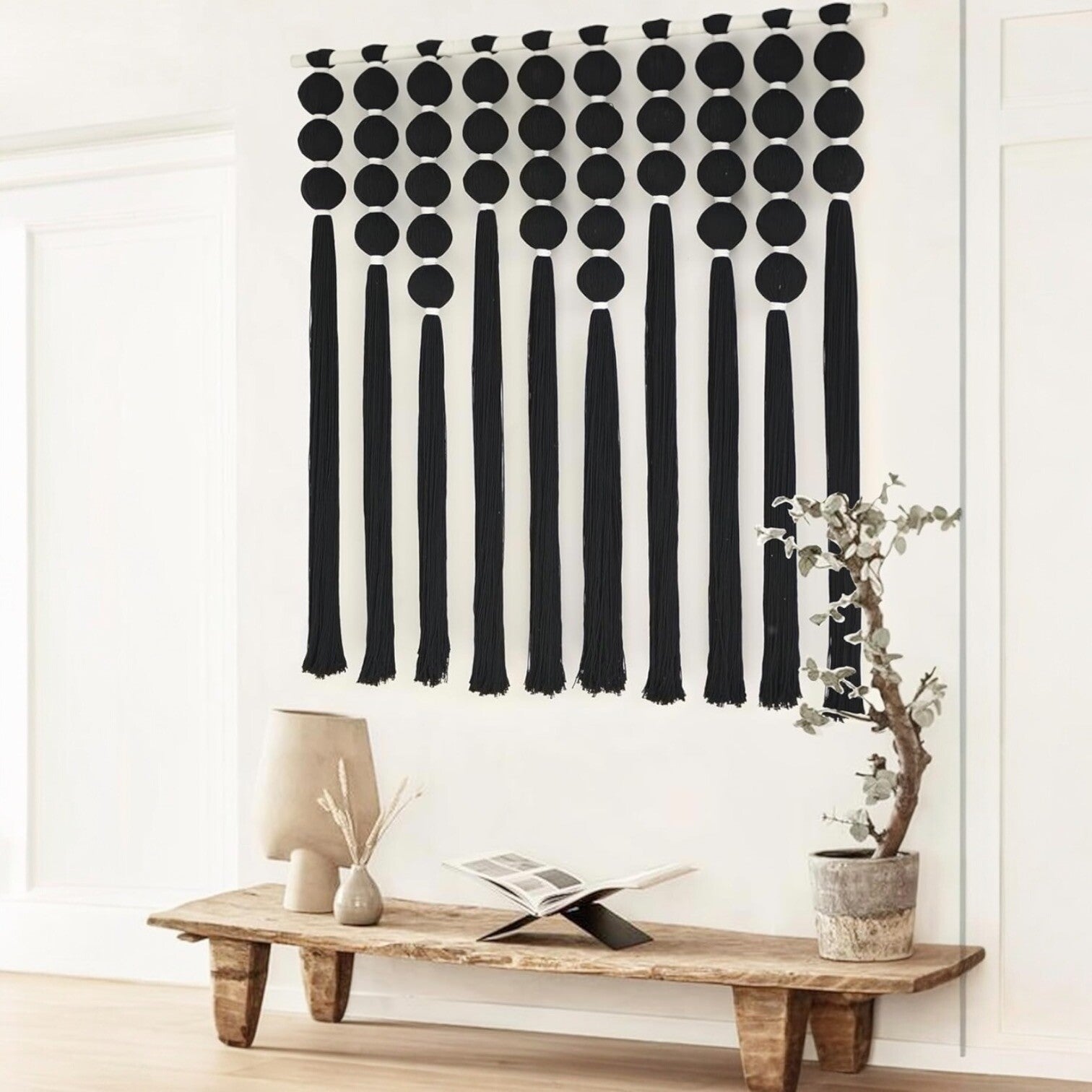 NEW Anthropologie XL Boho Black & White Tassel Tapestry Woven Wall Hanging - 40"