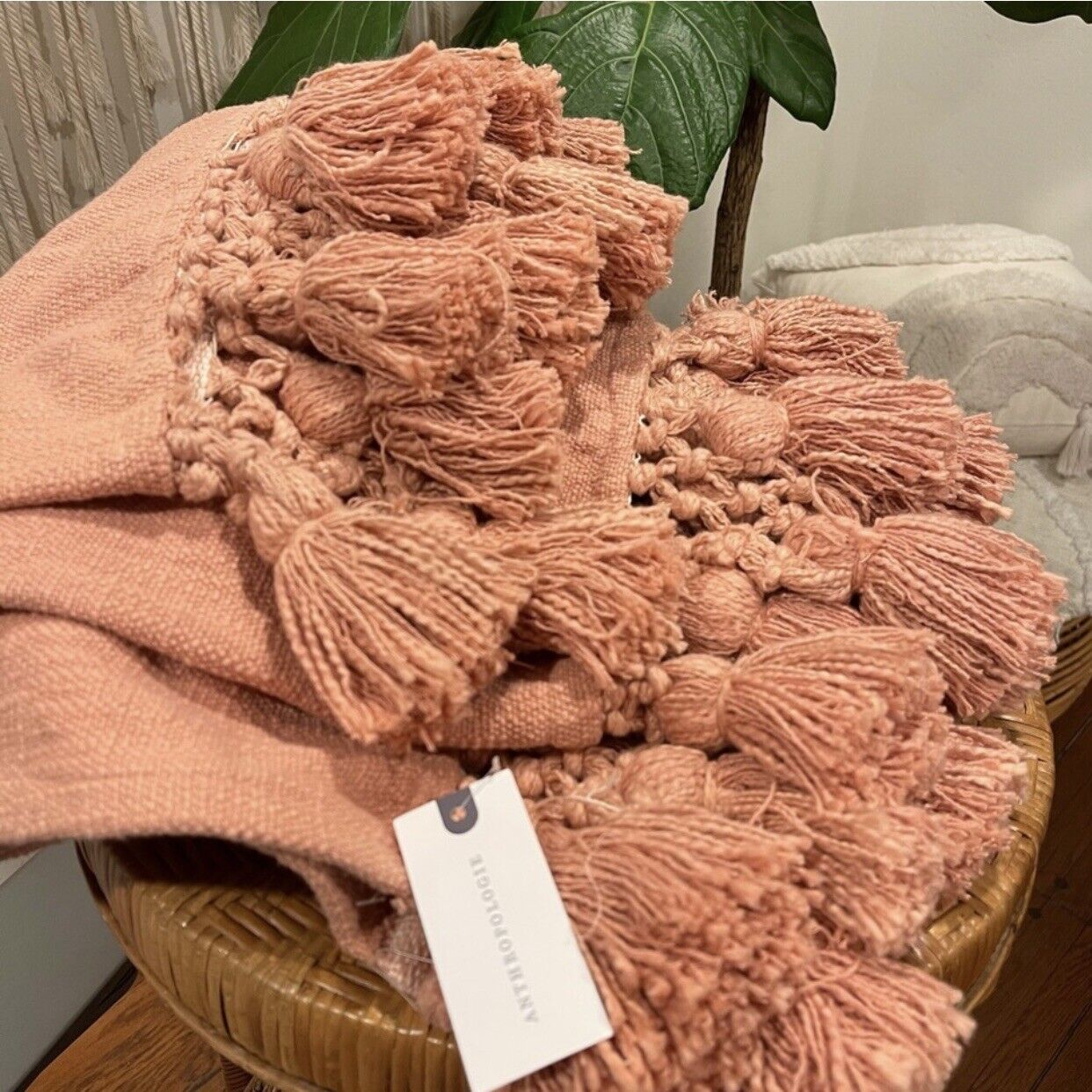 New Anthropologie Coral Pink Boho Tassel Macrame Knit Throw Blanket - 50" x 60"