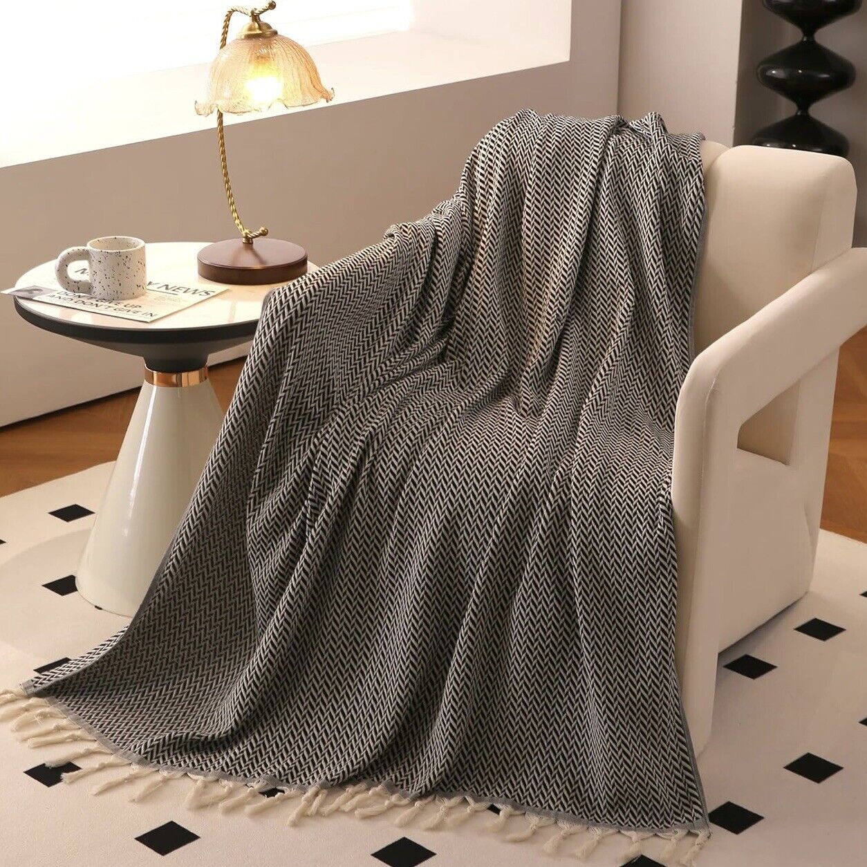 NEW West Elm Boho Black & White Turkish Cotton Throw Blanket Bedding - 60" x 50"