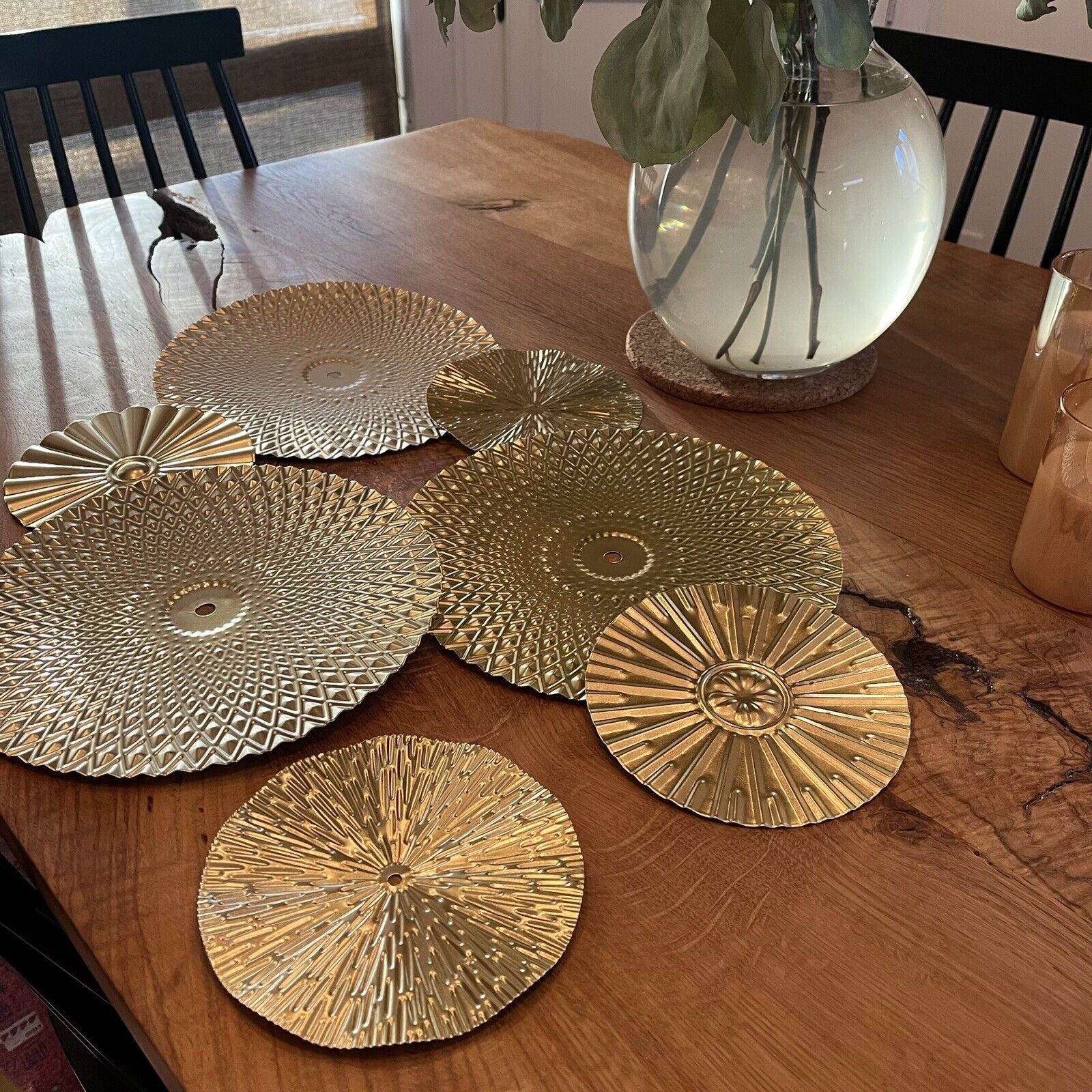 NEW West Elm XL Gold Boho Metal Abstract Wall Hanging Baskets Plates - Set of 7