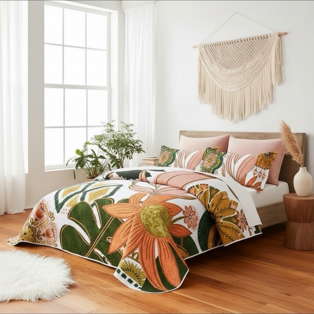 NEW Anthropologie King Floral Boho Reversible Quilt Bedspread Blanket Sham Set