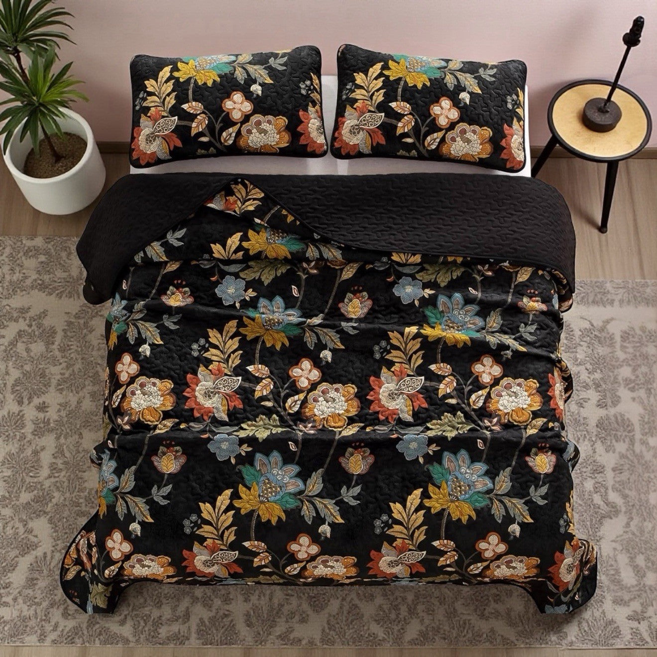 NEW Anthro Black Floral Print Multicolor Boho Queen King Bedding Quilt Sham Set