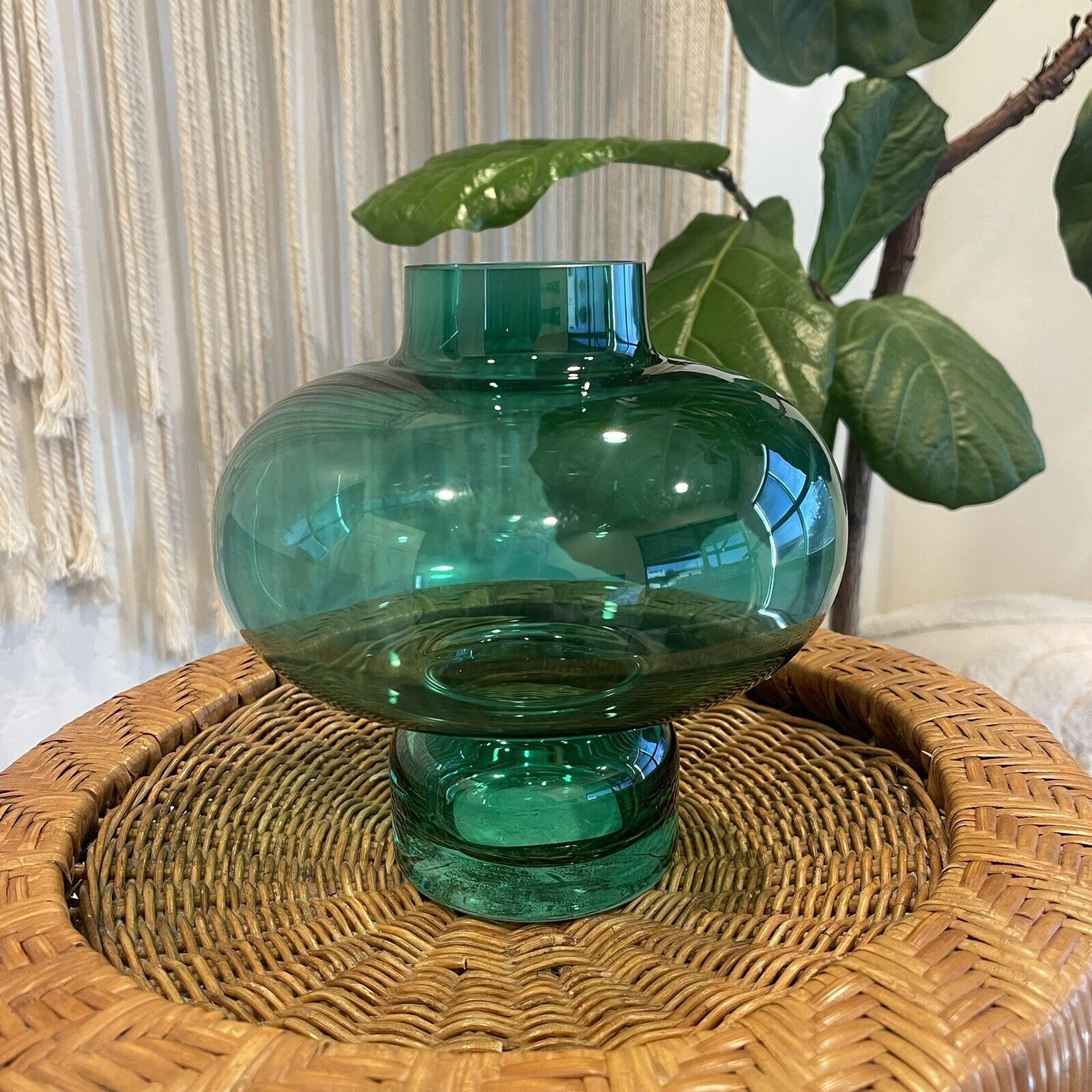 New Anthropologie Large Boho Art Deco Green Glass Decorative Art Flower Vase