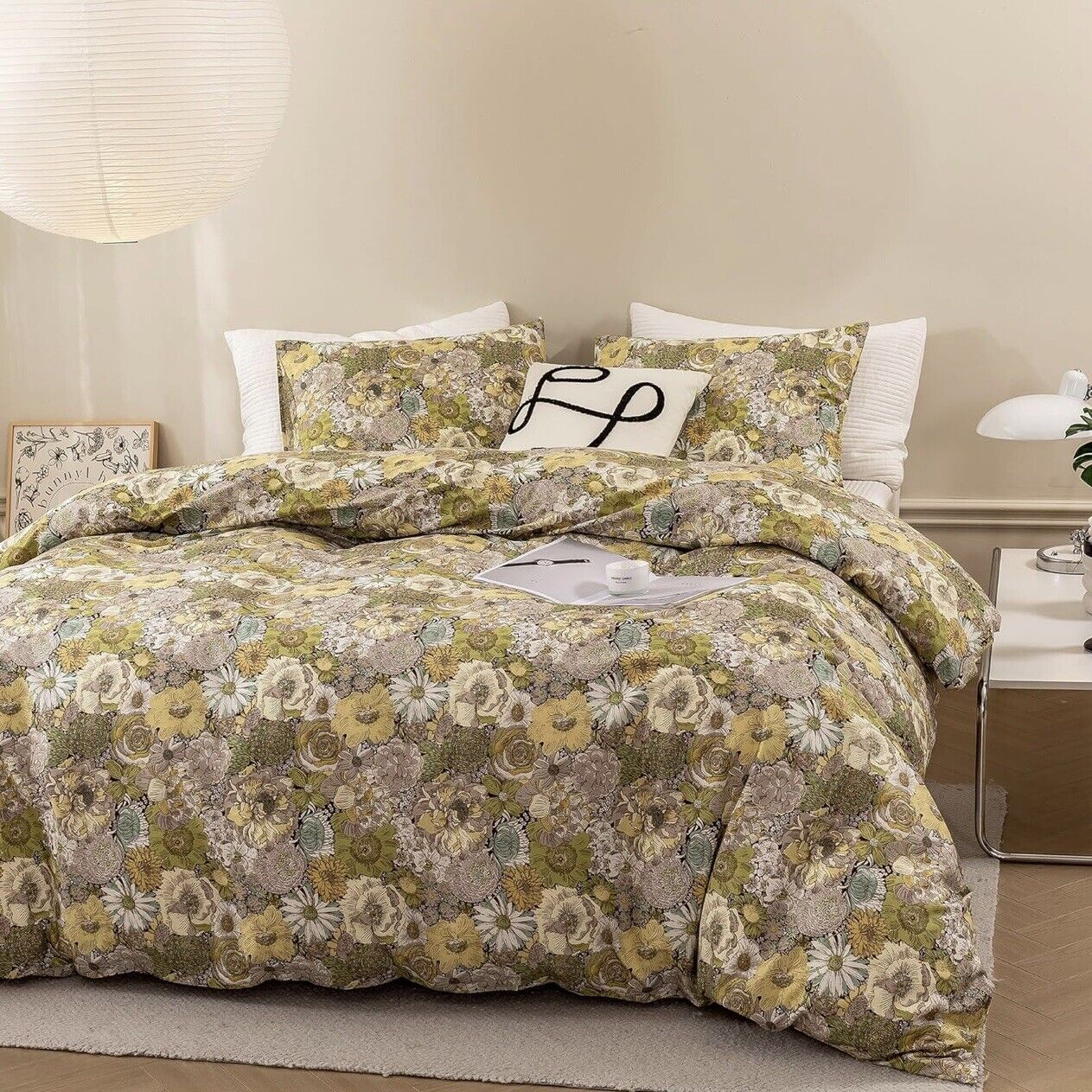 NEW Anthropologie Green Yellow Floral Cotton Boho King Bedding Duvet & Sham Set