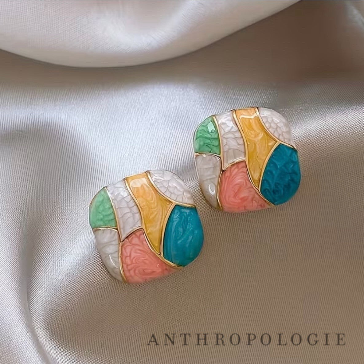 NEW Anthropologie Multicolor Enamel Boho Square Stud Abstract Earrings Jewelry