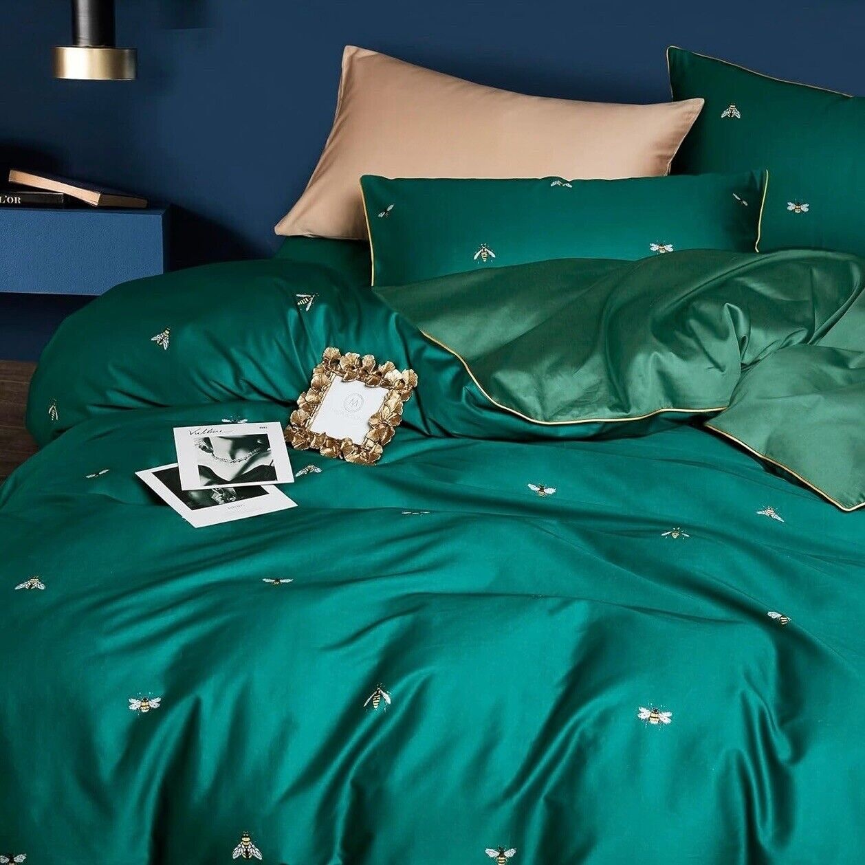 NEW Anthropologie Emerald Green Bee Boho King Size Bedding Duvet Sham Case Set