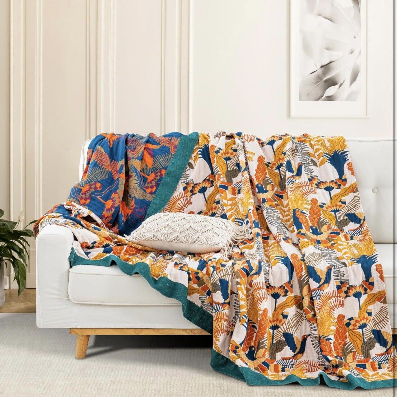 NEW Anthropologie Boho Bird Orange Blue Throw Blanket Bedspread Quilt 80" x 90"