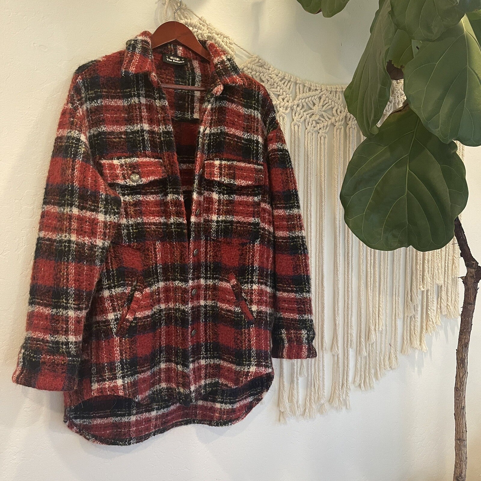 Anthro / The Kooples Red Tweed Plaid Shirt Coat Trucker Jacket Sweater Large