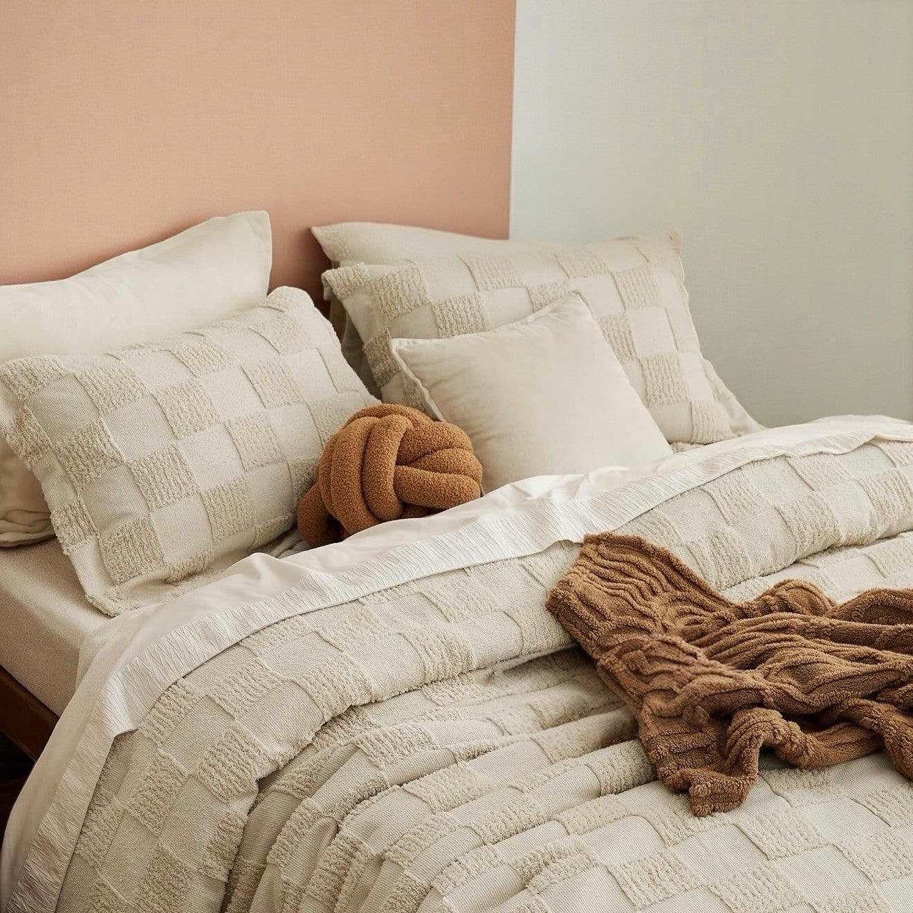 NEW West Elm Beige Checkered Tufted Queen / King Bedding Comforter & Sham Set