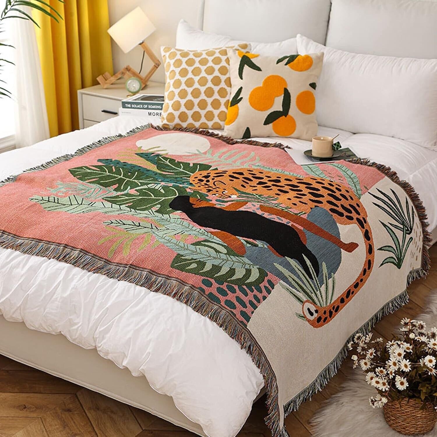 New Anthropologie Boho Jungle Tassel Throw Blanket Bedspread Quilt - 63" x 51"