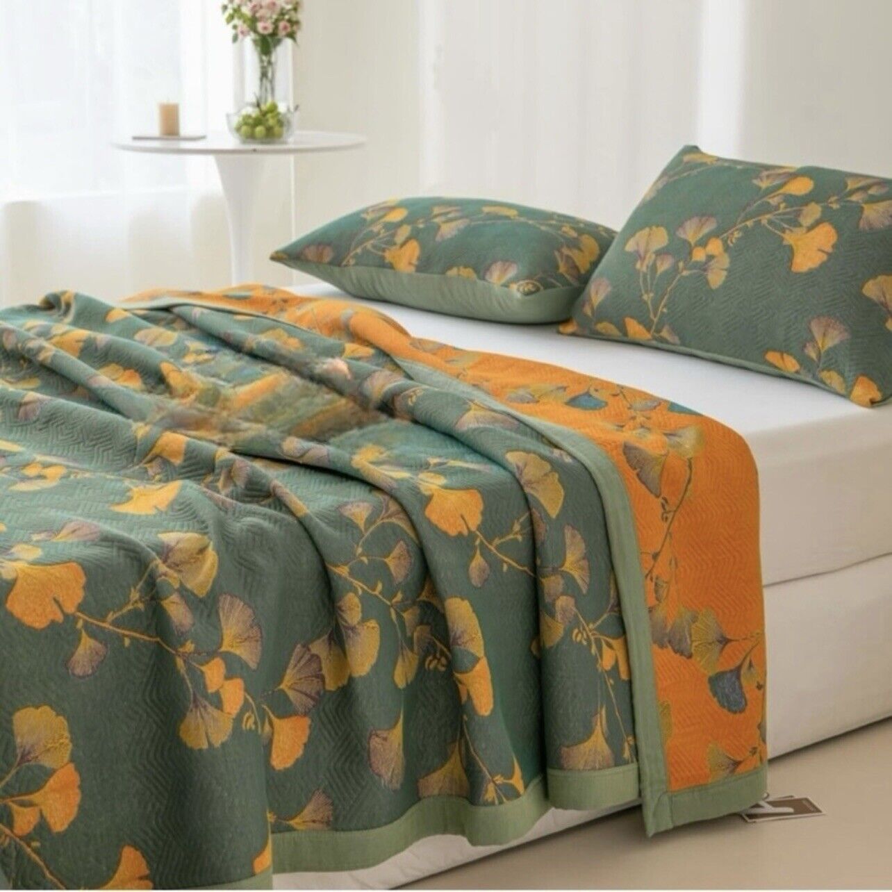 NEW Anthropologie Teal Orange Reversible King Size Bedspread Blanket Sham Set