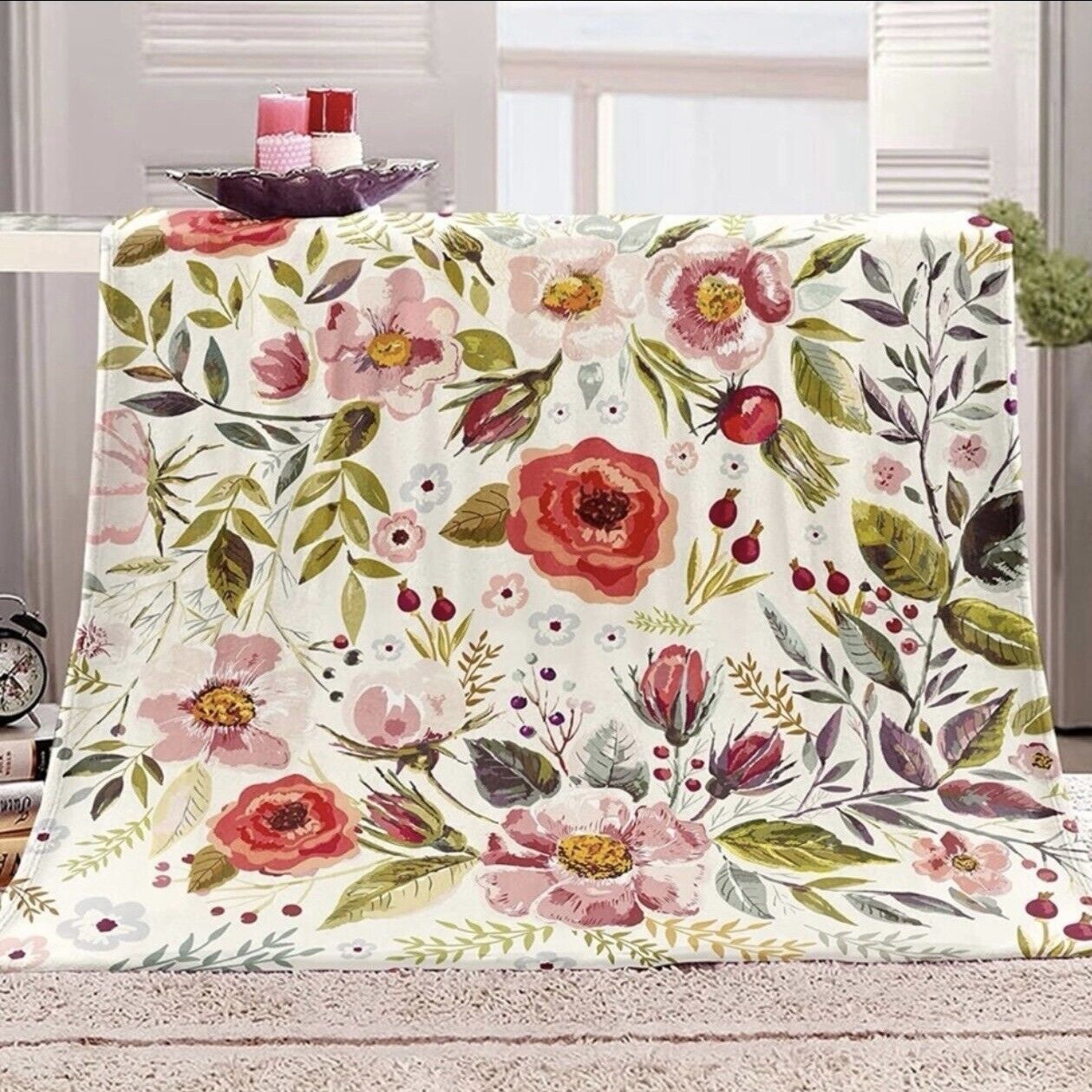 New Anthropologie Boho Floral Fleece Throw Blanket Bedspread Bedding - 80" x 60"