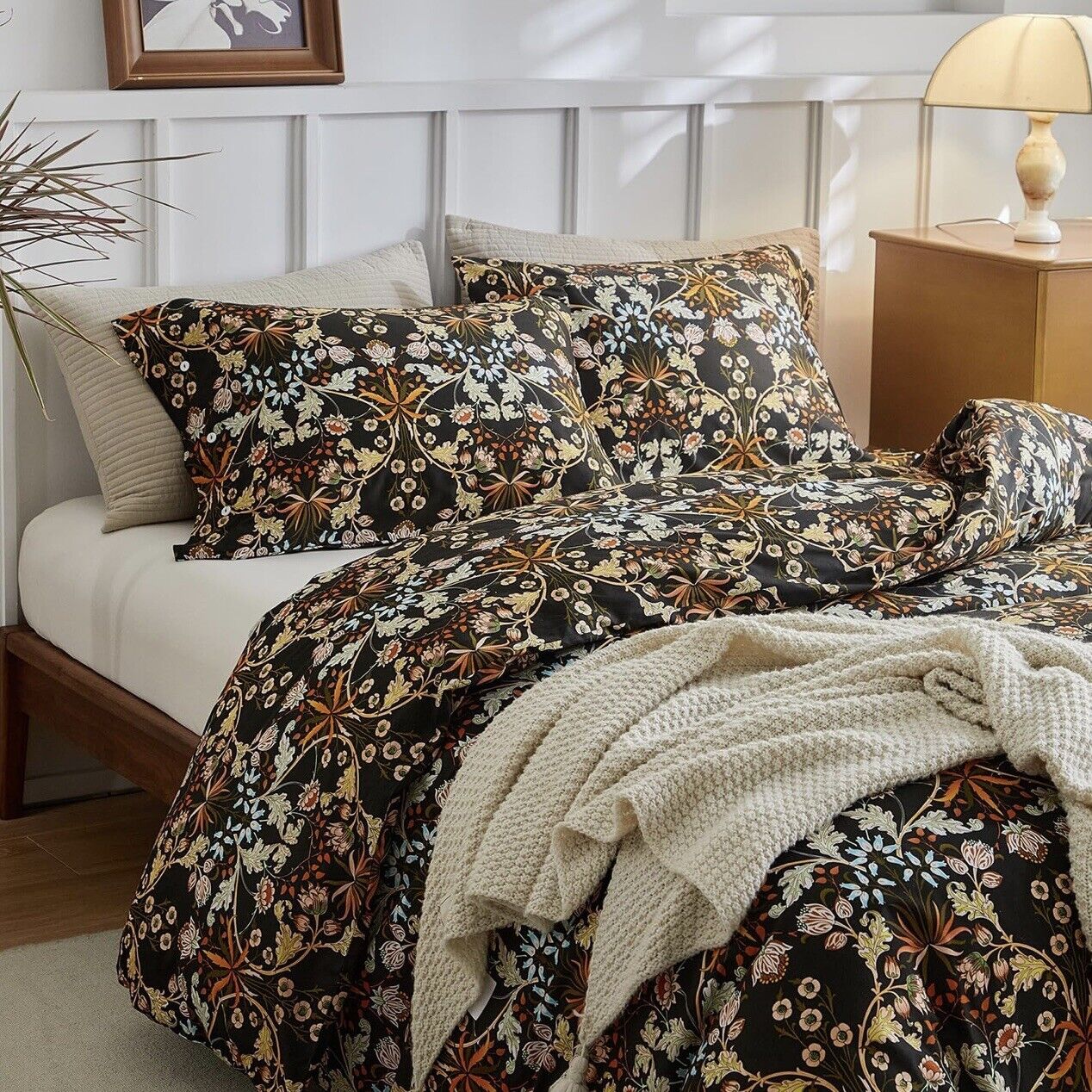 NEW Anthropologie Black Orange Floral Cotton Boho Queen Bedding Duvet & Sham Set