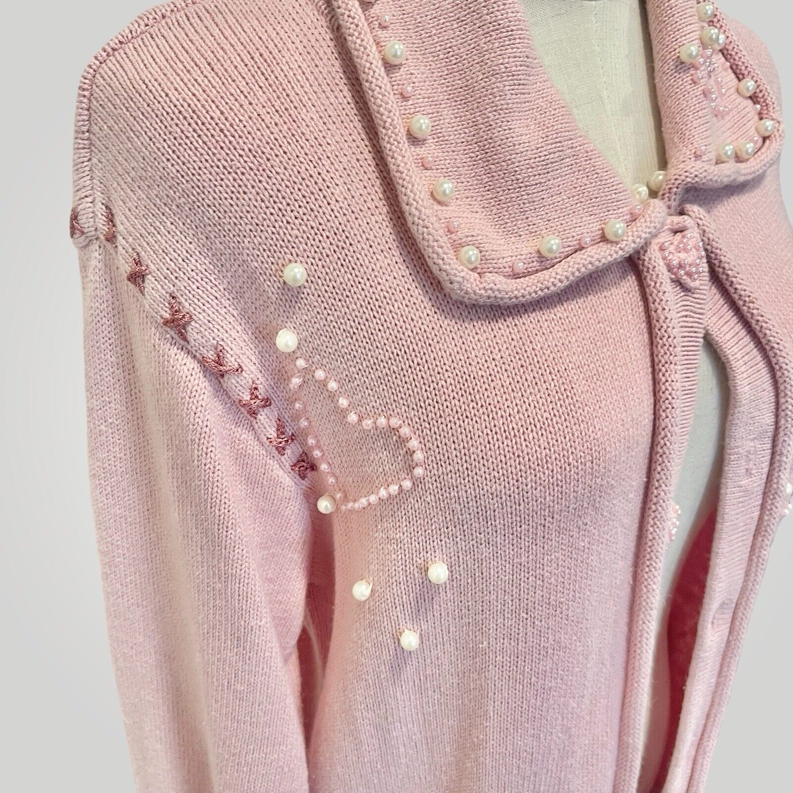 Vintage Storybook Knits Pink Heart Embroidered Pearl Sweater Duster - Medium