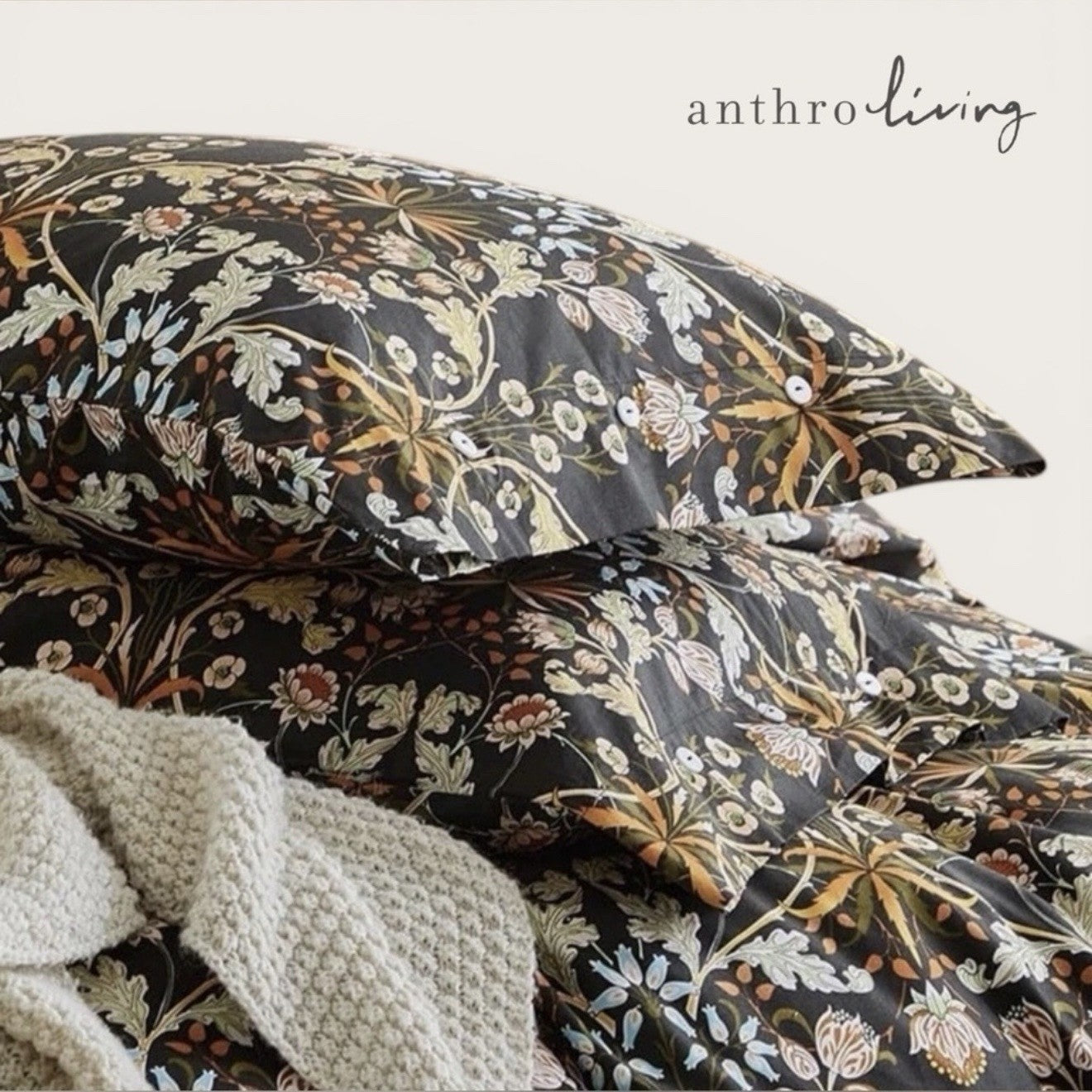 NEW Anthropologie Black Orange Floral Cotton Boho King Bedding Duvet & Sham Set
