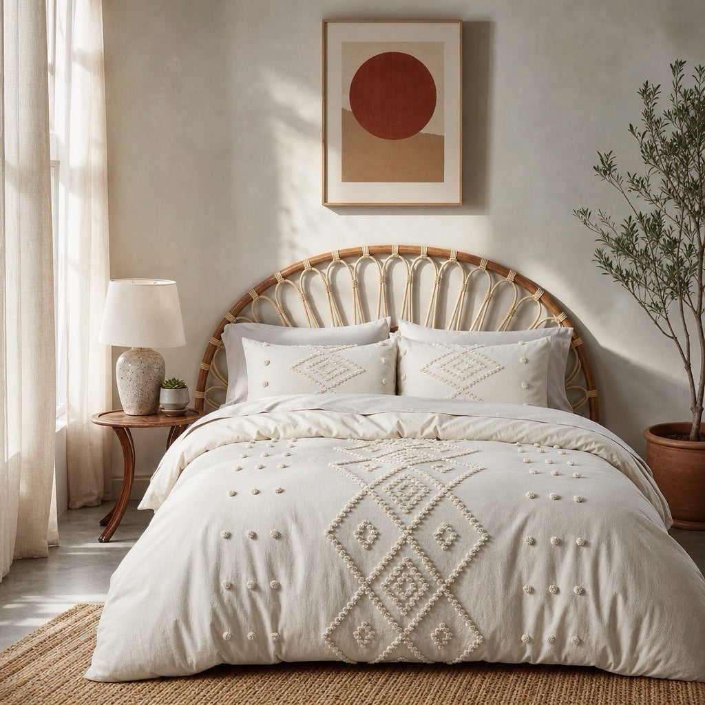 NEW Anthro Beige Cream Boho Queen / King Size Tufted Fringe Bedding Duvet & Sham