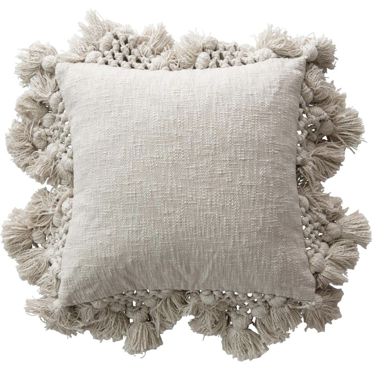 NEW Anthropologie Boho Crochet Tassel White Cream Throw Pillow - 18" x 18"