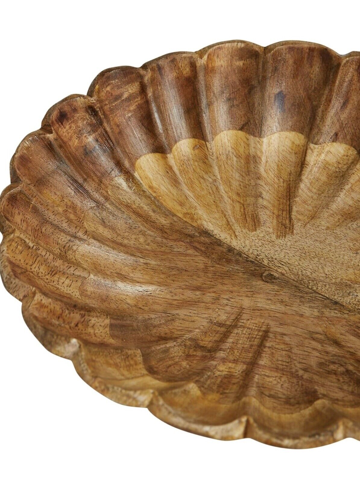 NEW West Elm Large Natural Wood Carved Scalloped Decorative Bowl Centerpiece 8"