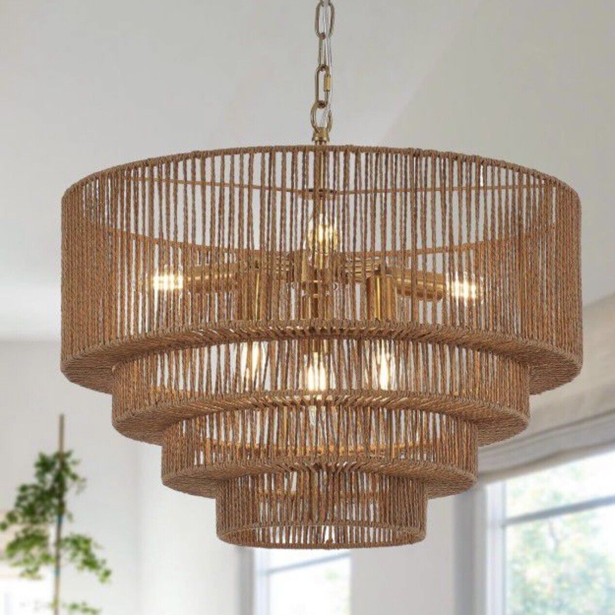 NEW West Elm XL 6-Light Boho Rattan Woven Chandelier Hanging Light Fixture