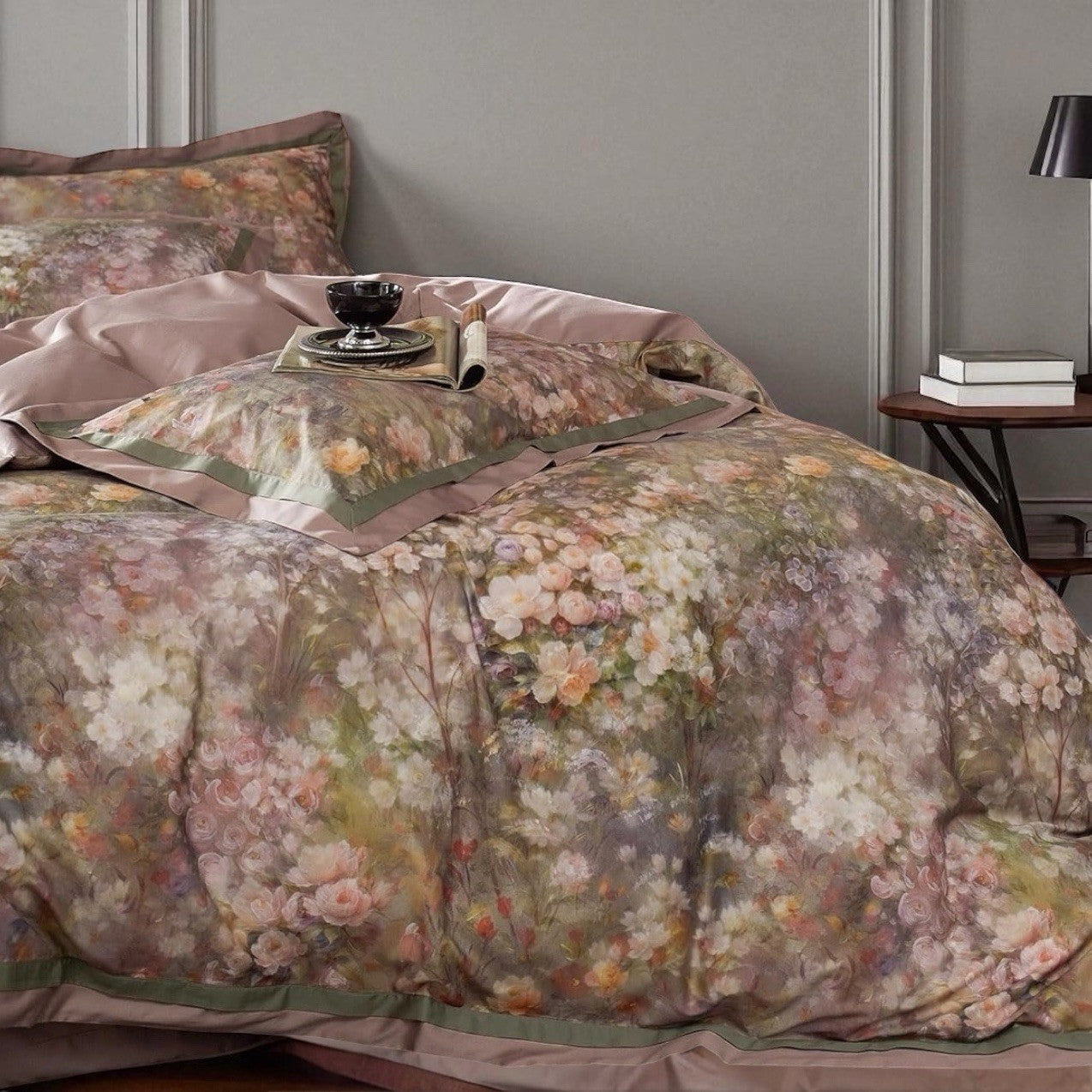 NEW Anthro Blush Pink Silk Floral Boho Cotton Queen Bedding Duvet & Sham Set