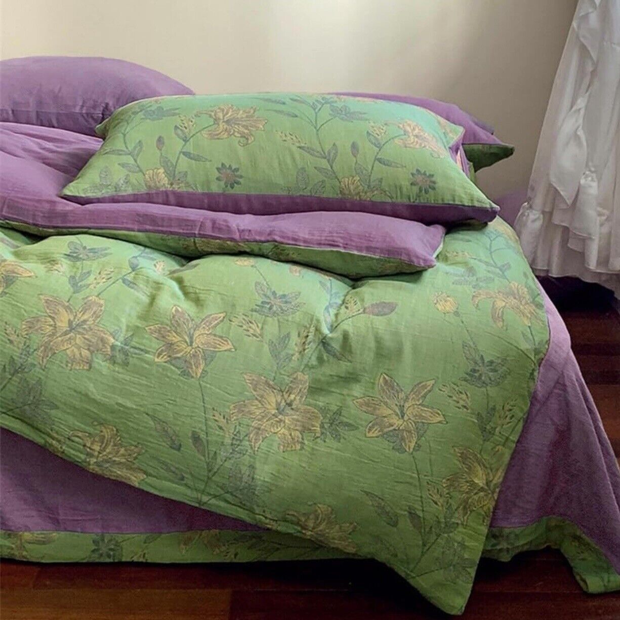 NEW Anthropologie Green Purple Floral Linen Boho Queen Bedding Duvet & Sham Set