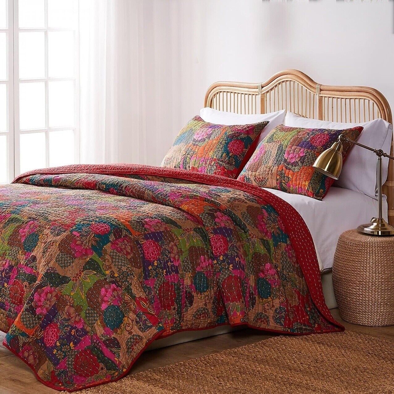 NEW Anthropologie Multicolor Floral Boho Queen Quilt Bedspread Bedding Sham Set