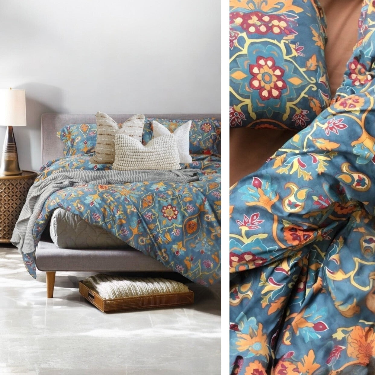 NEW Anthro Blue Damask Boho Queen King Egyptian Cotton Bedding Duvet & Sham Set
