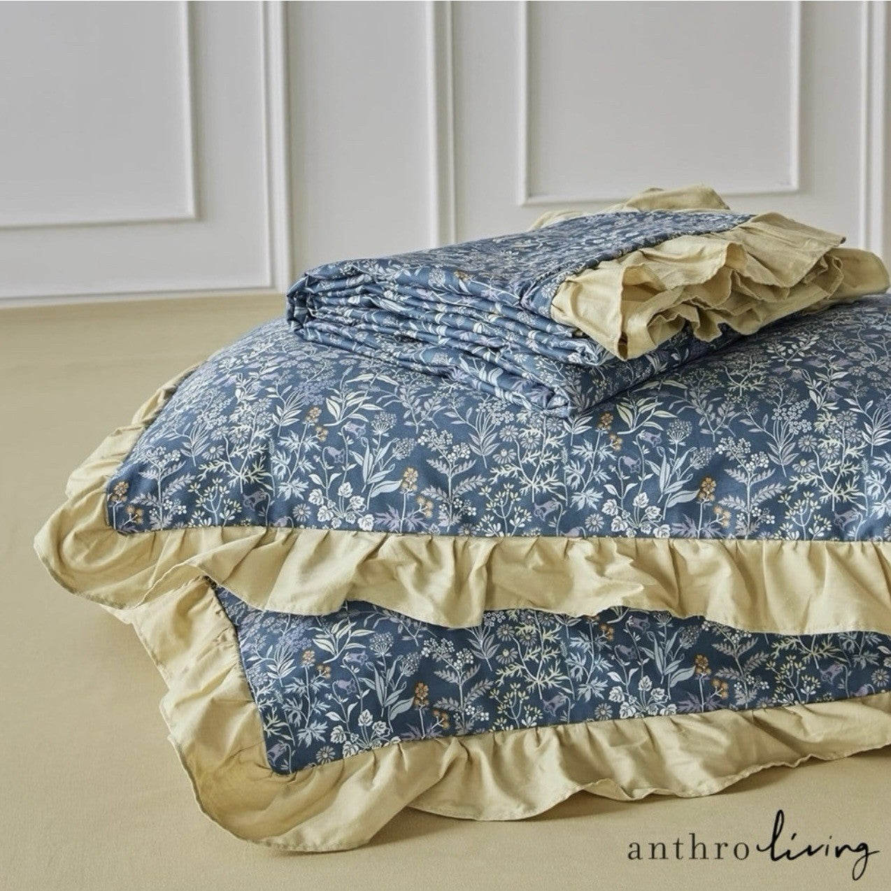 NEW Anthro Blue Yellow Floral Boho Ruffle Queen King Size Bedding Duvet Sham Set
