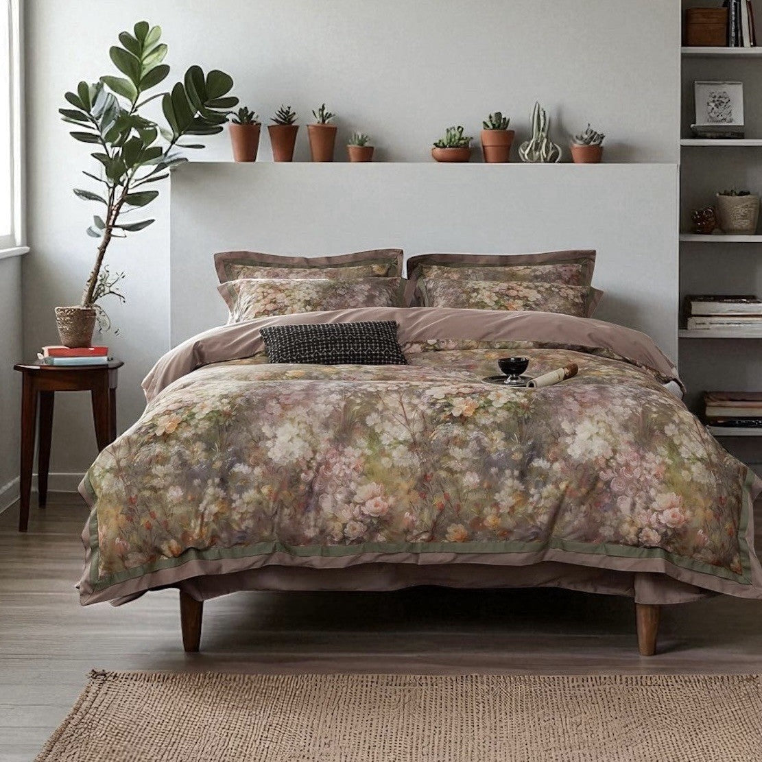 NEW Anthro Blush Pink Silk Floral Boho Cotton Queen Bedding Duvet & Sham Set