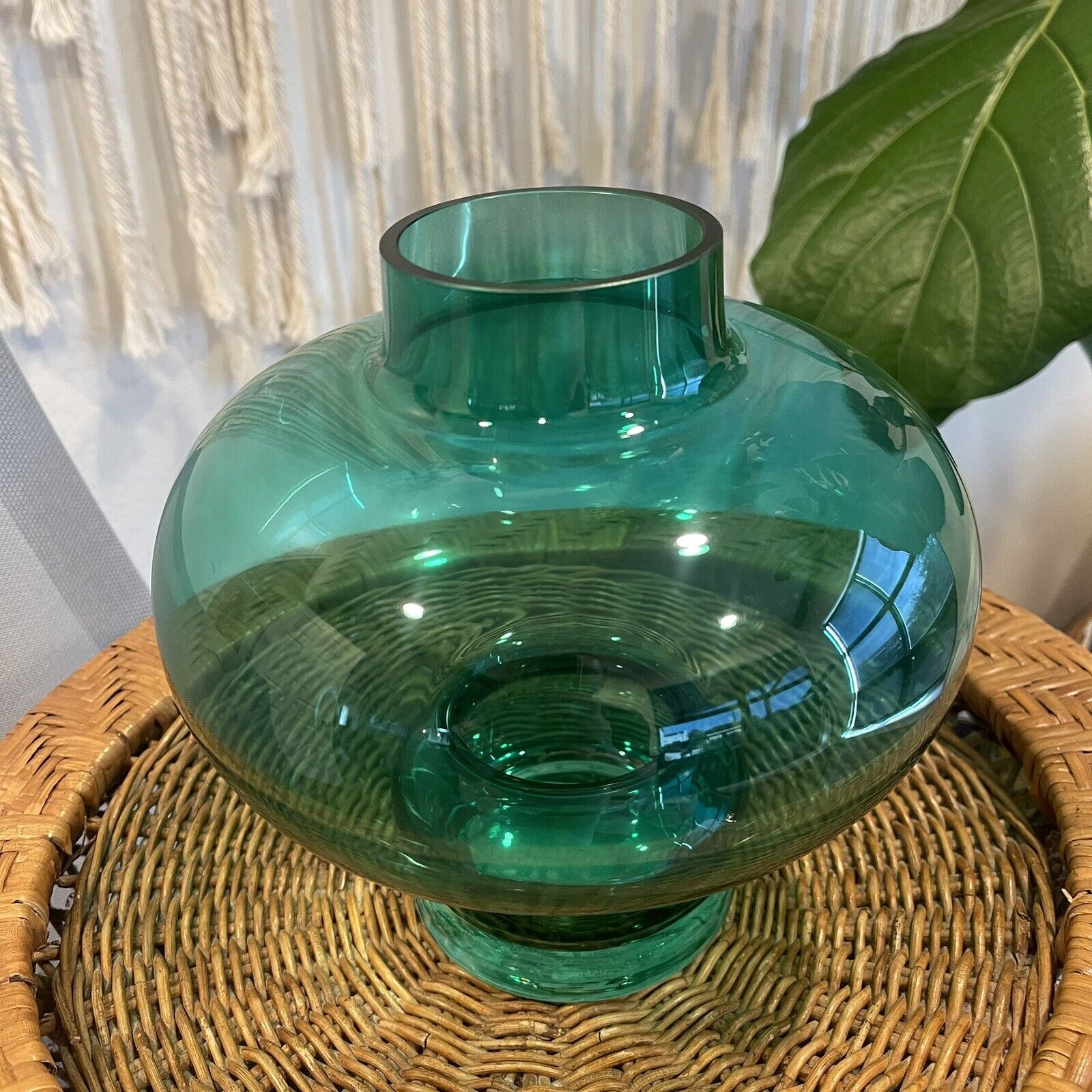 New Anthropologie Large Boho Art Deco Green Glass Decorative Art Flower Vase