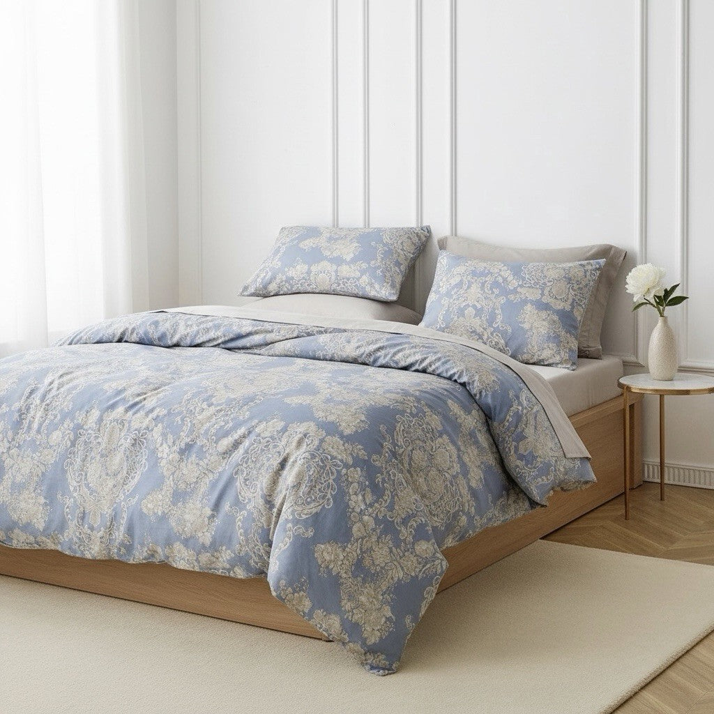 NEW Anthropologie Blue Damask Lux 100% Cotton Boho Queen Bedding Duvet Sham Set