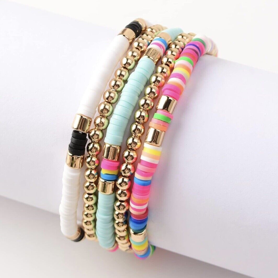 New Free People Neon & Gold Beaded Boho Stacking Stretch Bracelets Jewelry Set